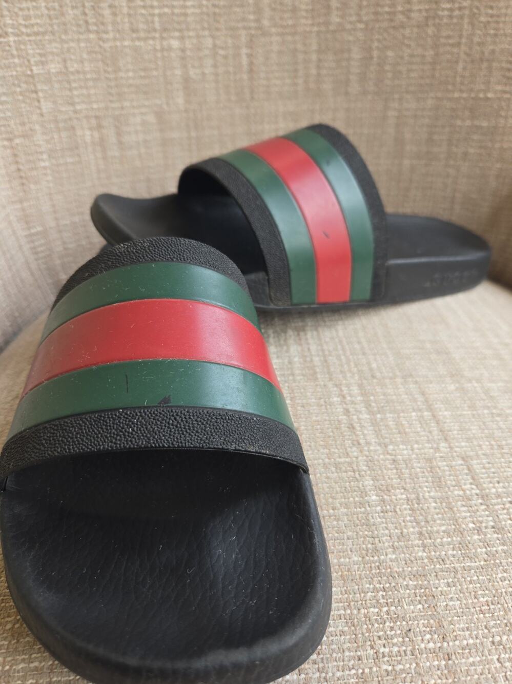Gucci Men's Web Stripe Slide Sandals Black/Red/Green Rubber Mens 9 Authentic